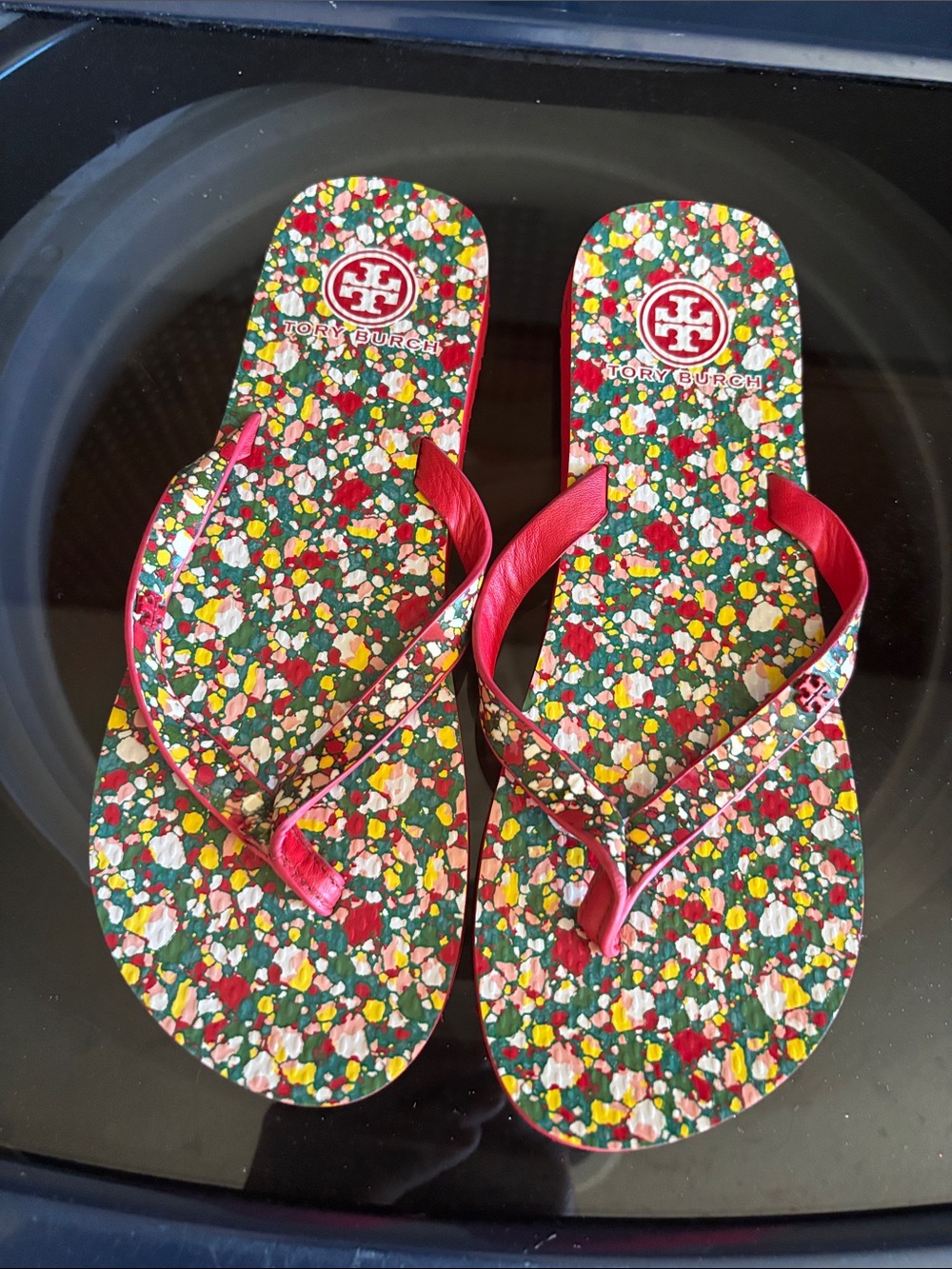 Tory Burch Multicolor Floral Flip Flops with Red Straps